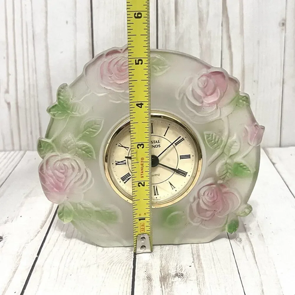 Vintage Frosted Rose Clock Shabby Chic Cottagecore Vanity Décor Pink Floral